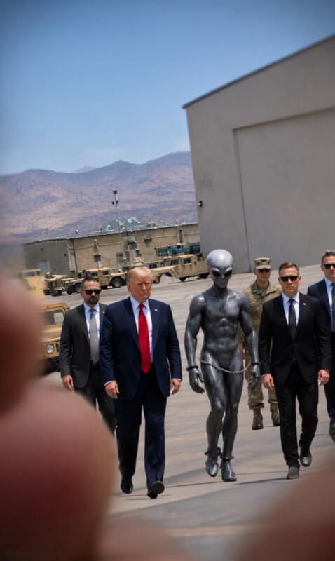 Trump walks a grey alien in restraints on a military base, flanked by security personnel
